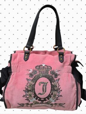 Juicy Couture vintage bejeweled pink canvas tote bag with side bow detail